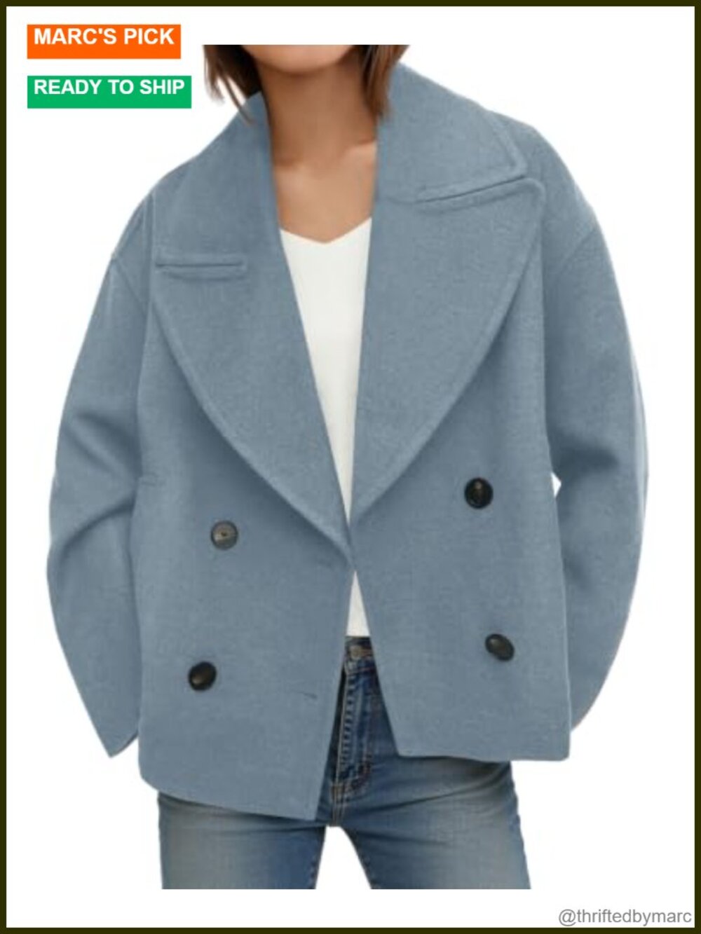 Cropped Wool Blend Pea Coat Double Breasted Notched Lapel